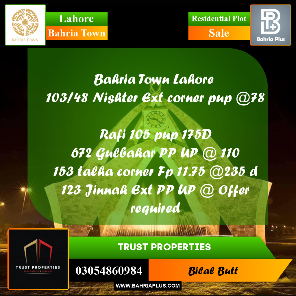 Residential Plot for Sale in Bahria Town, Lahore - (BP-238873)