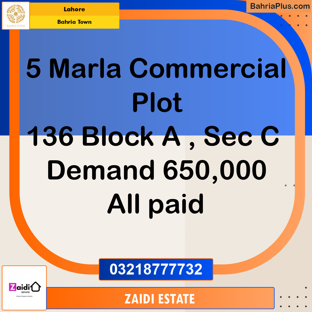 5 Marla Commercial Plot for Sale in Bahria Town, Lahore - (BP-238976)