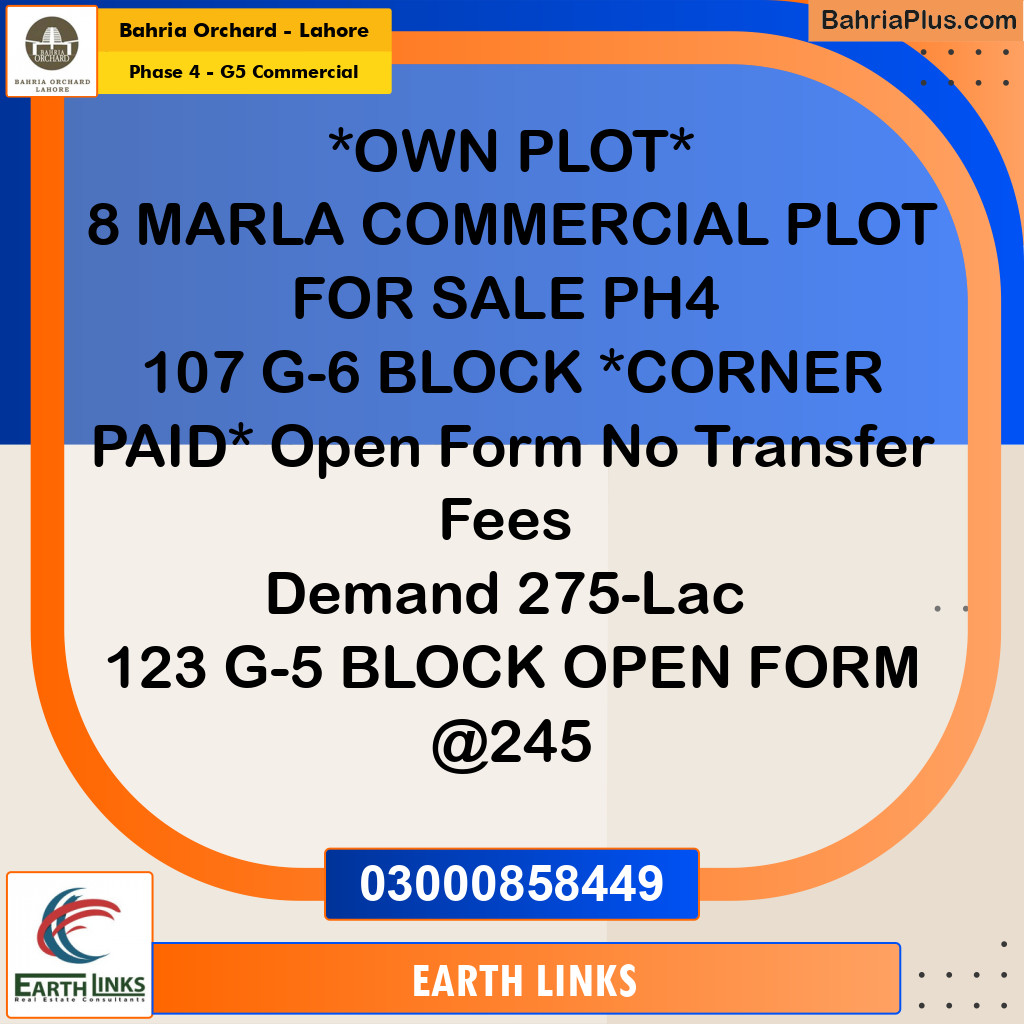 8 Marla Commercial Plot for Sale in Phase 4 - G5 Commercial -  Bahria Orchard, Lahore - (BP-239110)