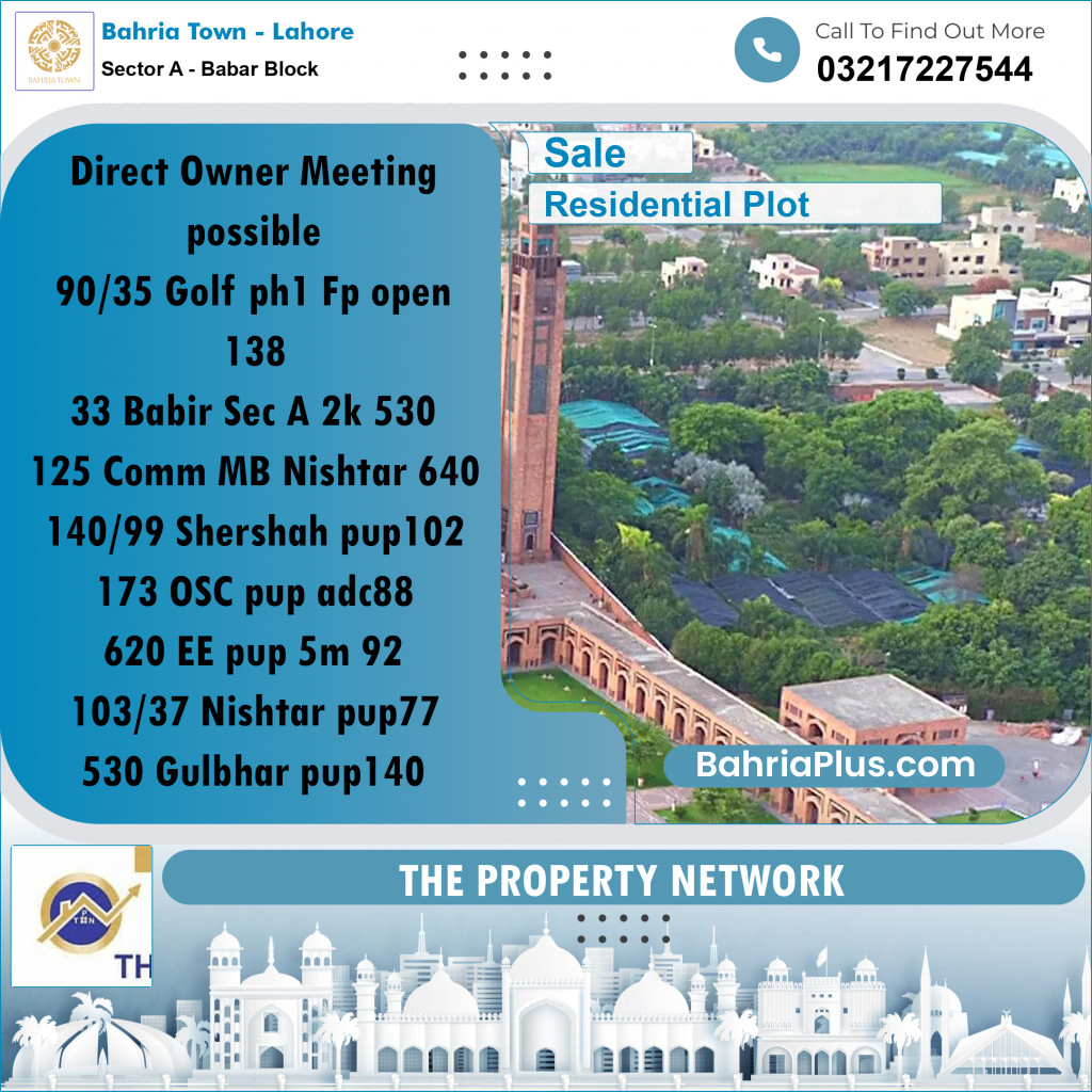 2 Kanal Residential Plot for Sale in Sector A - Babar Block -  Bahria Town, Lahore - (BP-239132)