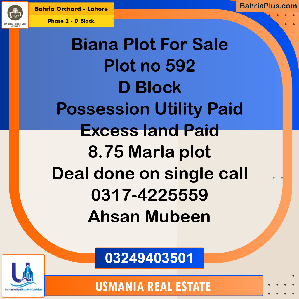 9 Marla Residential Plot for Sale in Phase 2 - D Block -  Bahria Orchard, Lahore - (BP-239281)