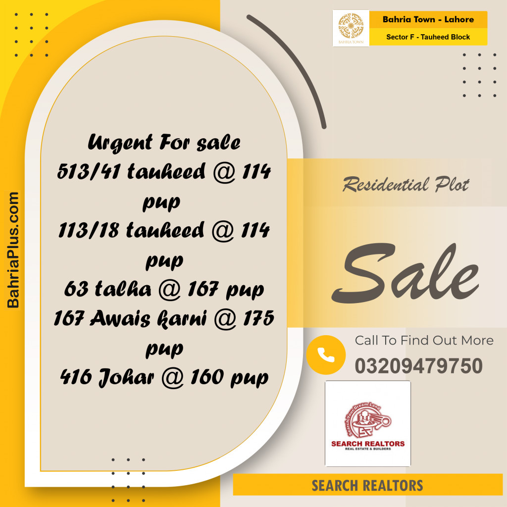 10 Marla Residential Plot for Sale in Sector F - Tauheed Block -  Bahria Town, Lahore - (BP-239779)