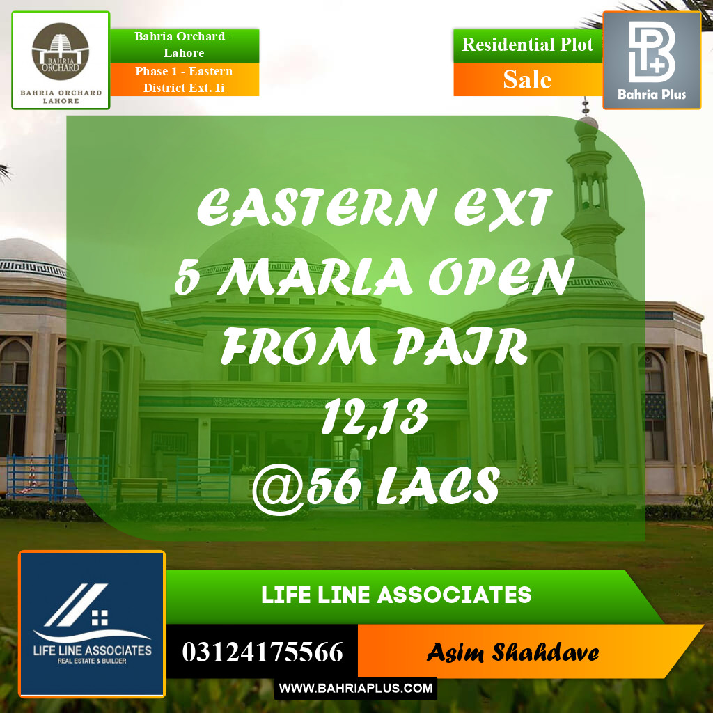 5 Marla Residential Plot for Sale in Phase 1 - Eastern District Ext. II -  Bahria Orchard, Lahore - (BP-239782)