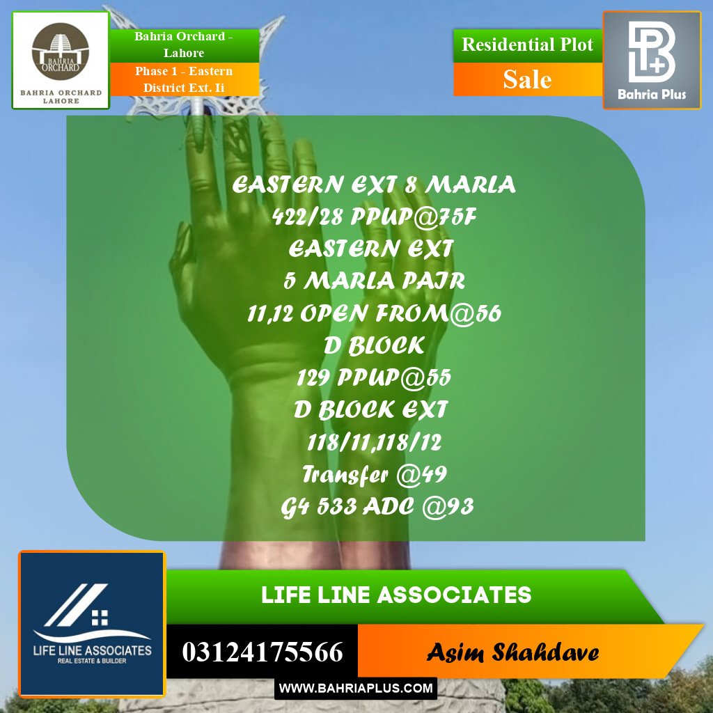 8 Marla Residential Plot for Sale in Phase 1 - Eastern District Ext. II -  Bahria Orchard, Lahore - (BP-239787)