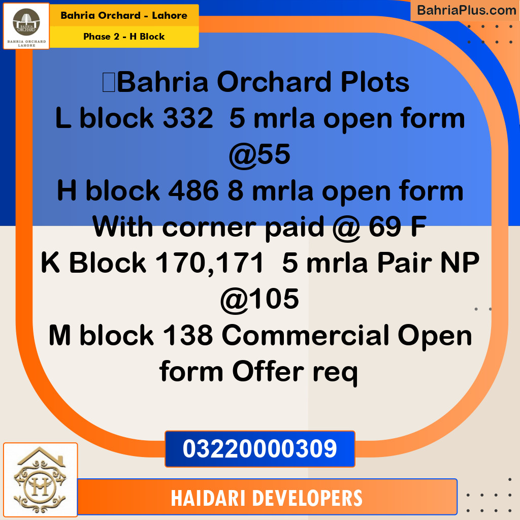 8 Marla Residential Plot for Sale in Phase 2 - H Block -  Bahria Orchard, Lahore - (BP-239842)