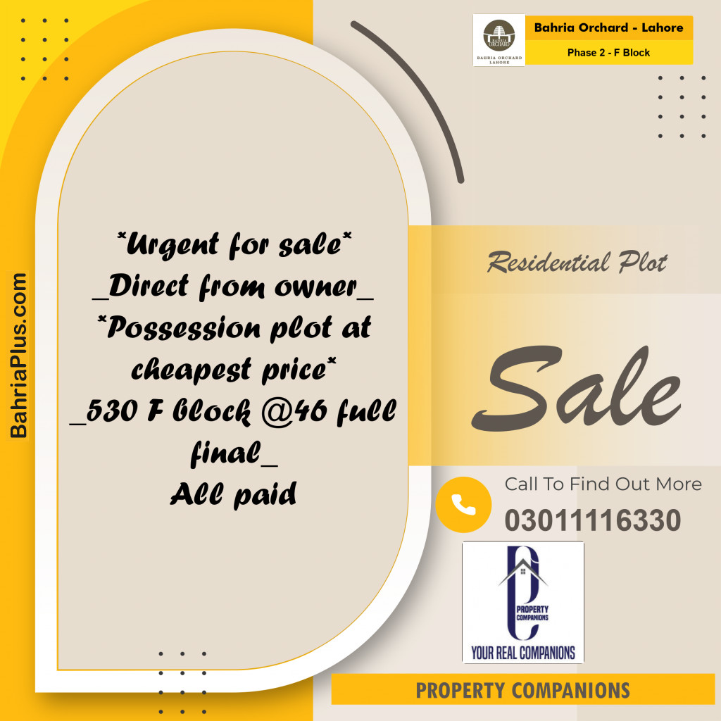 5 Marla Residential Plot for Sale in Phase 2 - F Block -  Bahria Orchard, Lahore - (BP-239987)