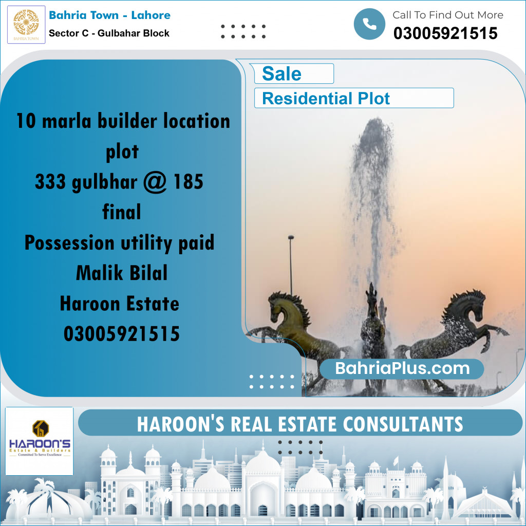 10 Marla Residential Plot for Sale in Sector C - Gulbahar Block -  Bahria Town, Lahore - (BP-240431)