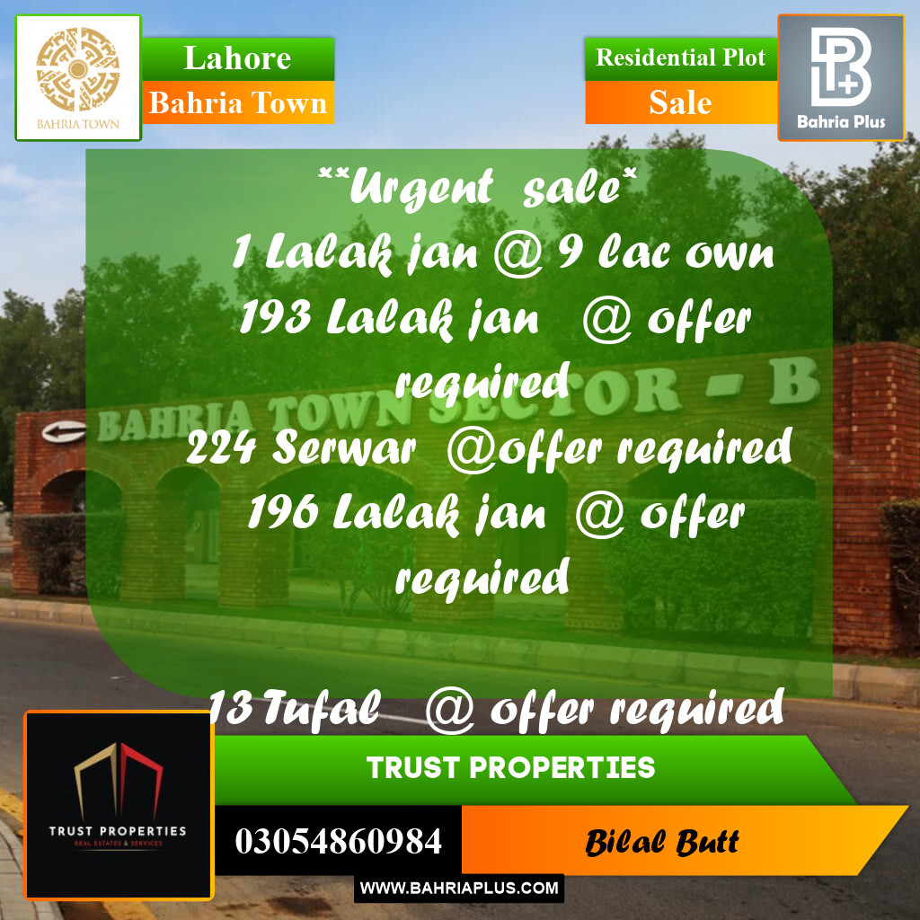 Residential Plot for Sale in Bahria Town, Lahore - (BP-240494)