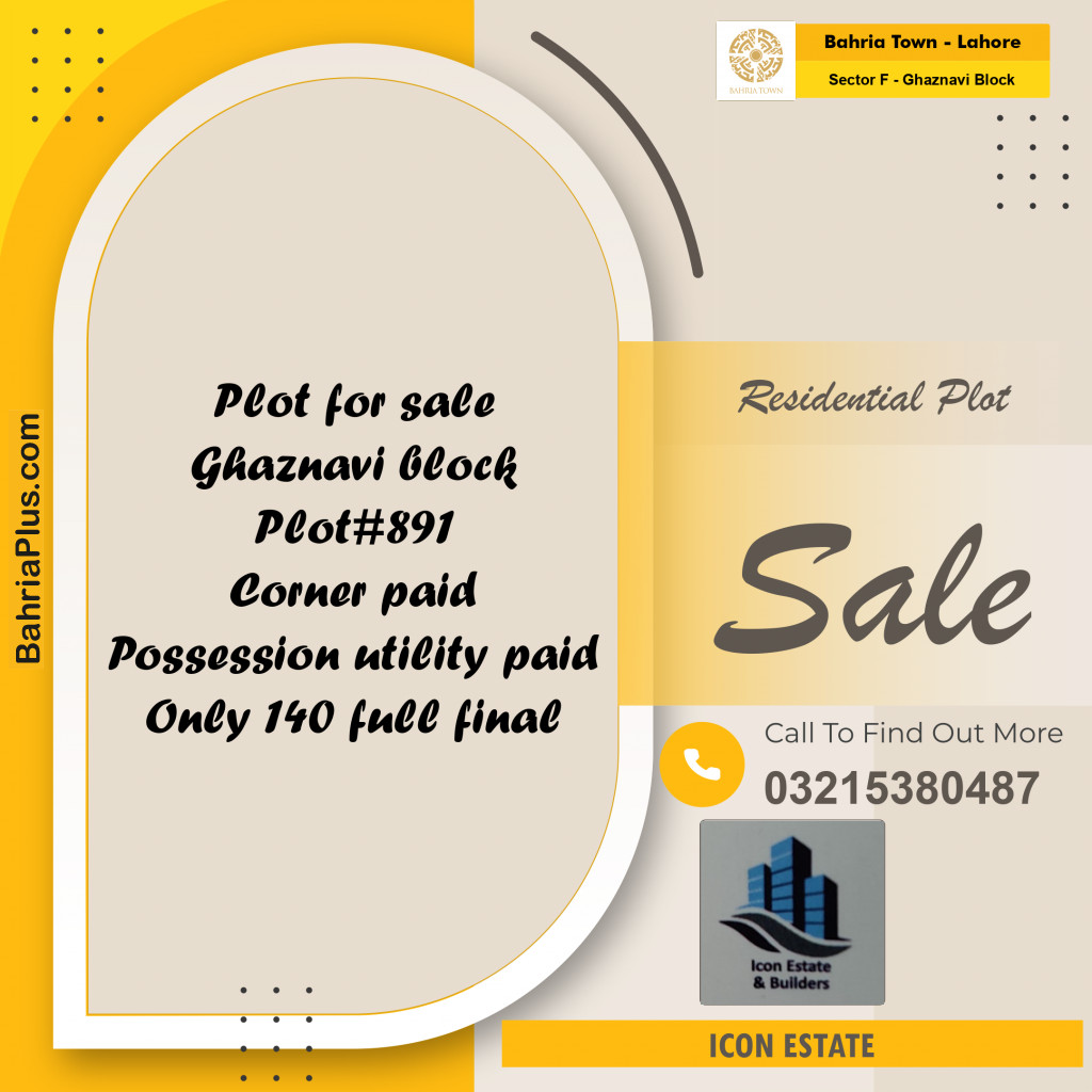 10 Marla Residential Plot for Sale in Sector F - Ghaznavi Block -  Bahria Town, Lahore - (BP-240563)
