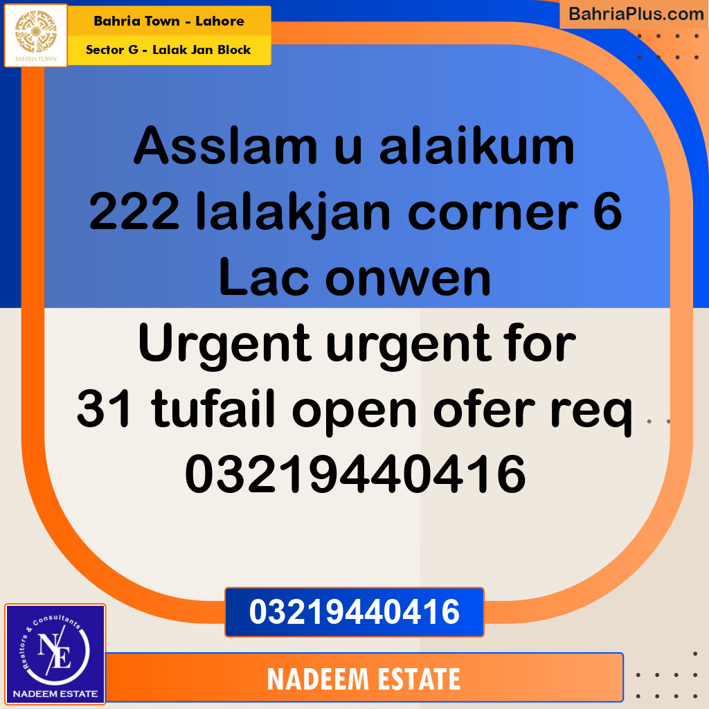 Residential Plot for Sale in Sector G - Lalak Jan Block -  Bahria Town, Lahore - (BP-240808)