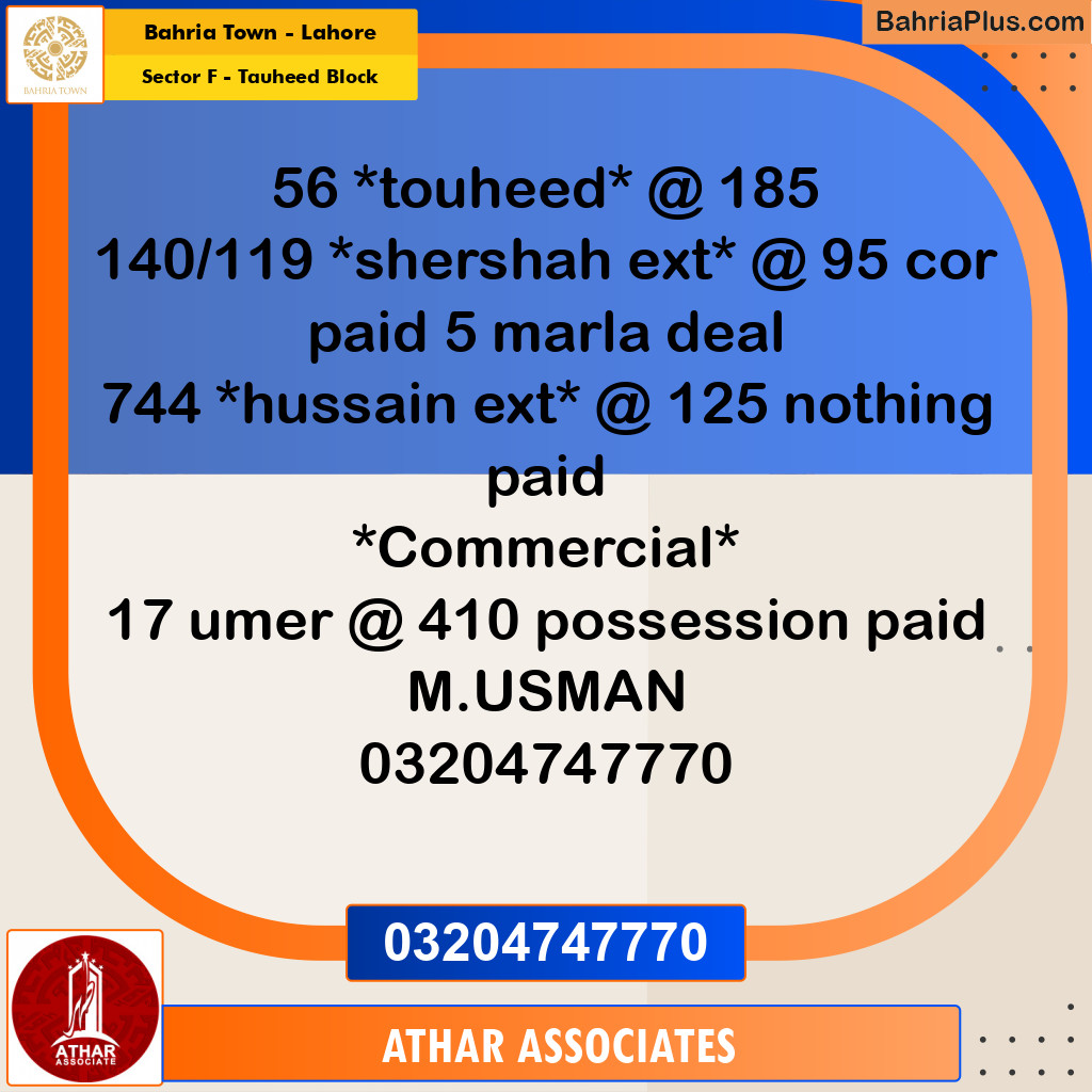 1 Kanal Residential Plot for Sale in Sector F - Tauheed Block -  Bahria Town, Lahore - (BP-240905)