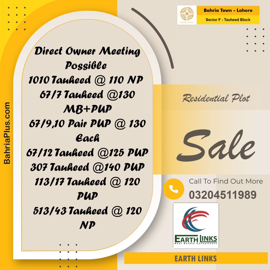 10 Marla Residential Plot for Sale in Sector F - Tauheed Block -  Bahria Town, Lahore - (BP-240976)