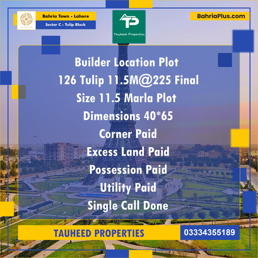 11.5 Marla Residential Plot for Sale in Sector C - Tulip Block -  Bahria Town, Lahore - (BP-241060)