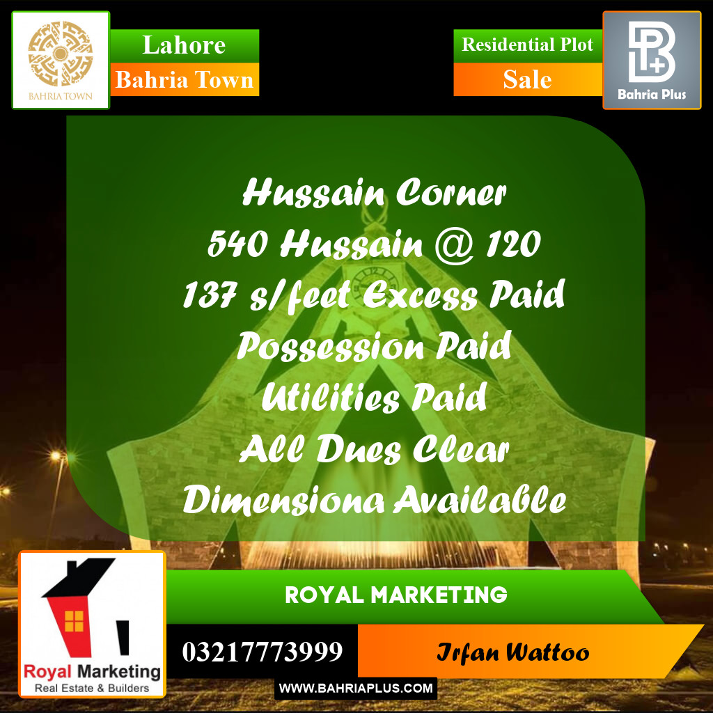 Residential Plot for Sale in Bahria Town, Lahore - (BP-241089)