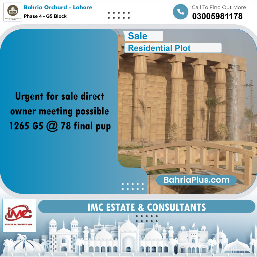 10 Marla Residential Plot for Sale in Phase 4 - G5 Block -  Bahria Orchard, Lahore - (BP-241106)