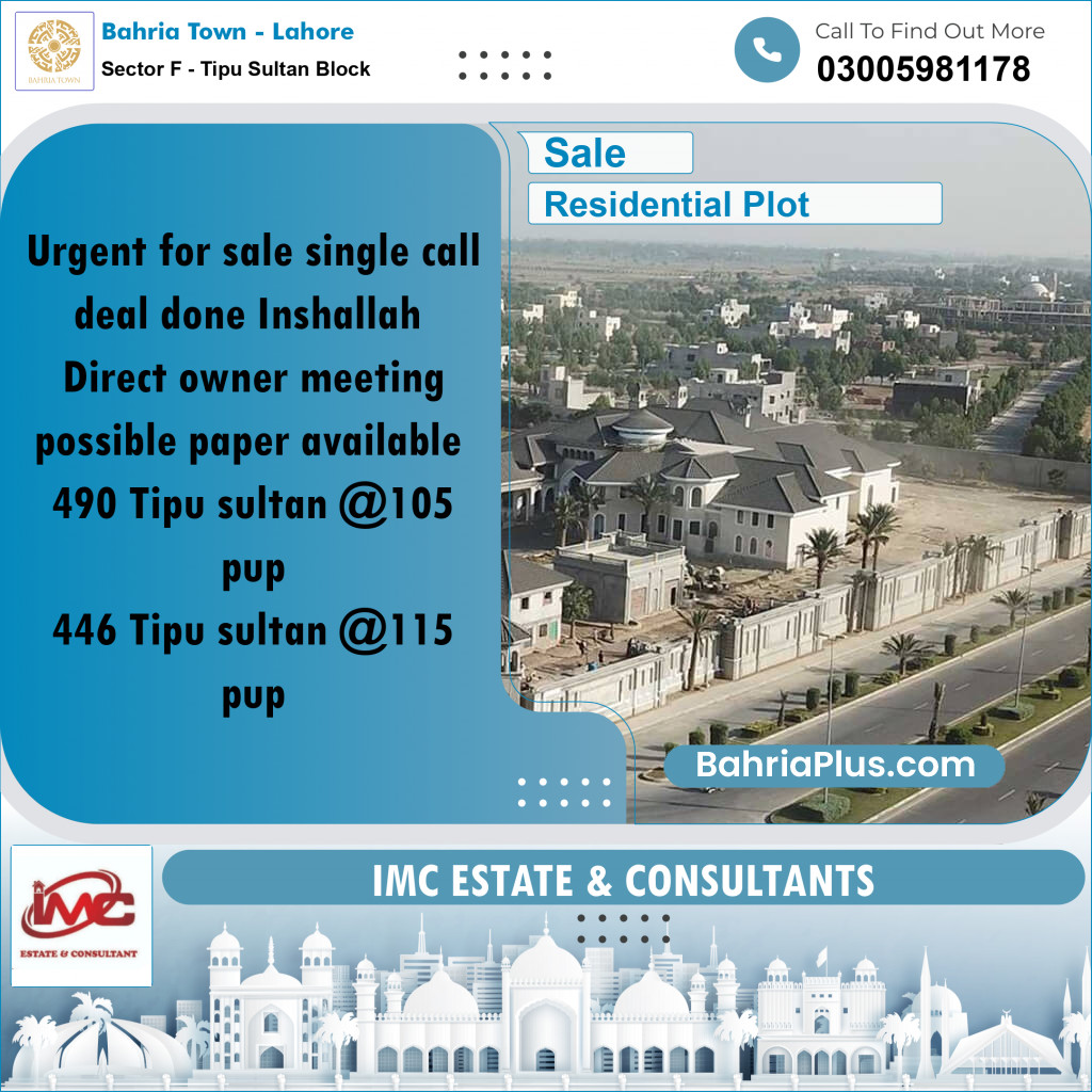 10 Marla Residential Plot for Sale in Sector F - Tipu Sultan Block -  Bahria Town, Lahore - (BP-241108)