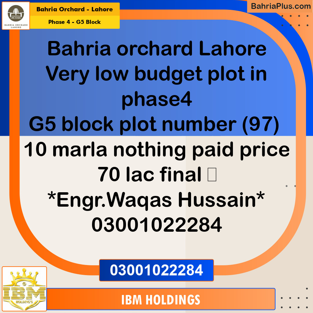 10 Marla Residential Plot for Sale in Phase 4 - G5 Block -  Bahria Orchard, Lahore - (BP-241134)