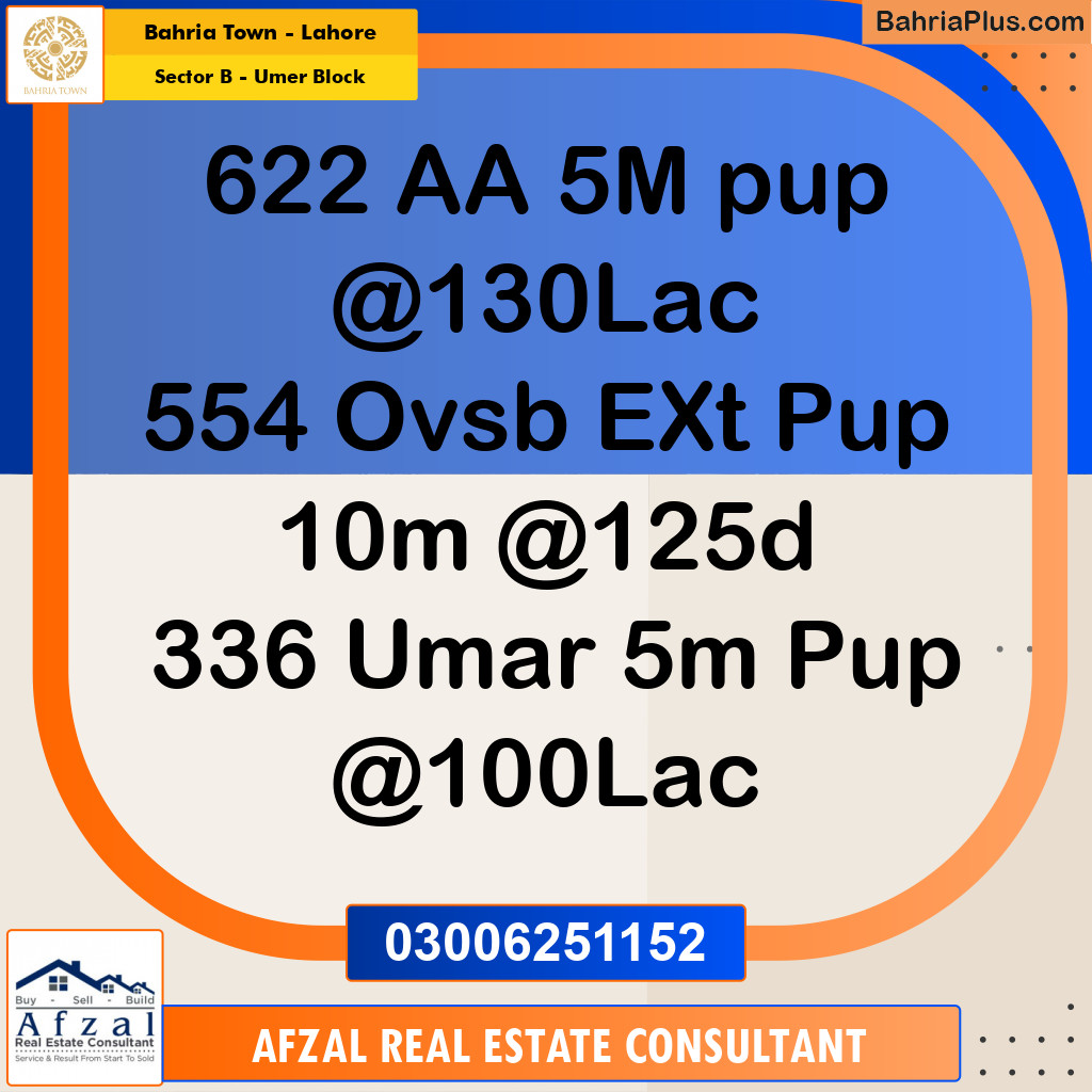 10 Marla Residential Plot for Sale in Sector B - Umer Block -  Bahria Town, Lahore - (BP-241197)