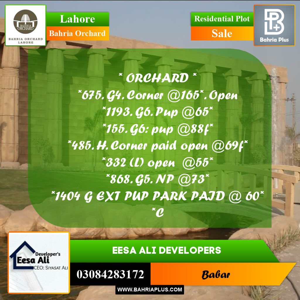 Residential Plot for Sale in Bahria Orchard, Lahore - (BP-241240)