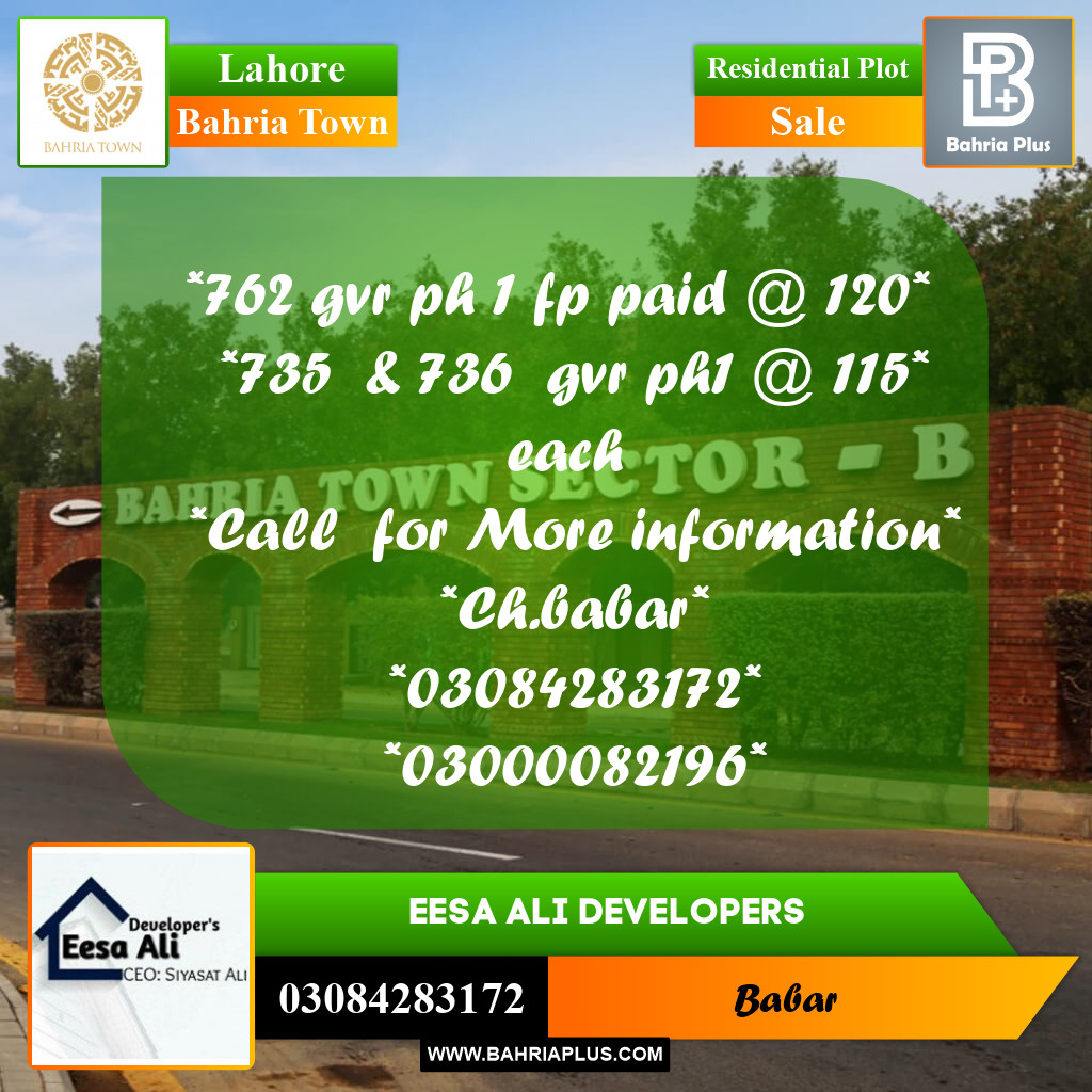 Residential Plot for Sale in Bahria Town, Lahore - (BP-241359)