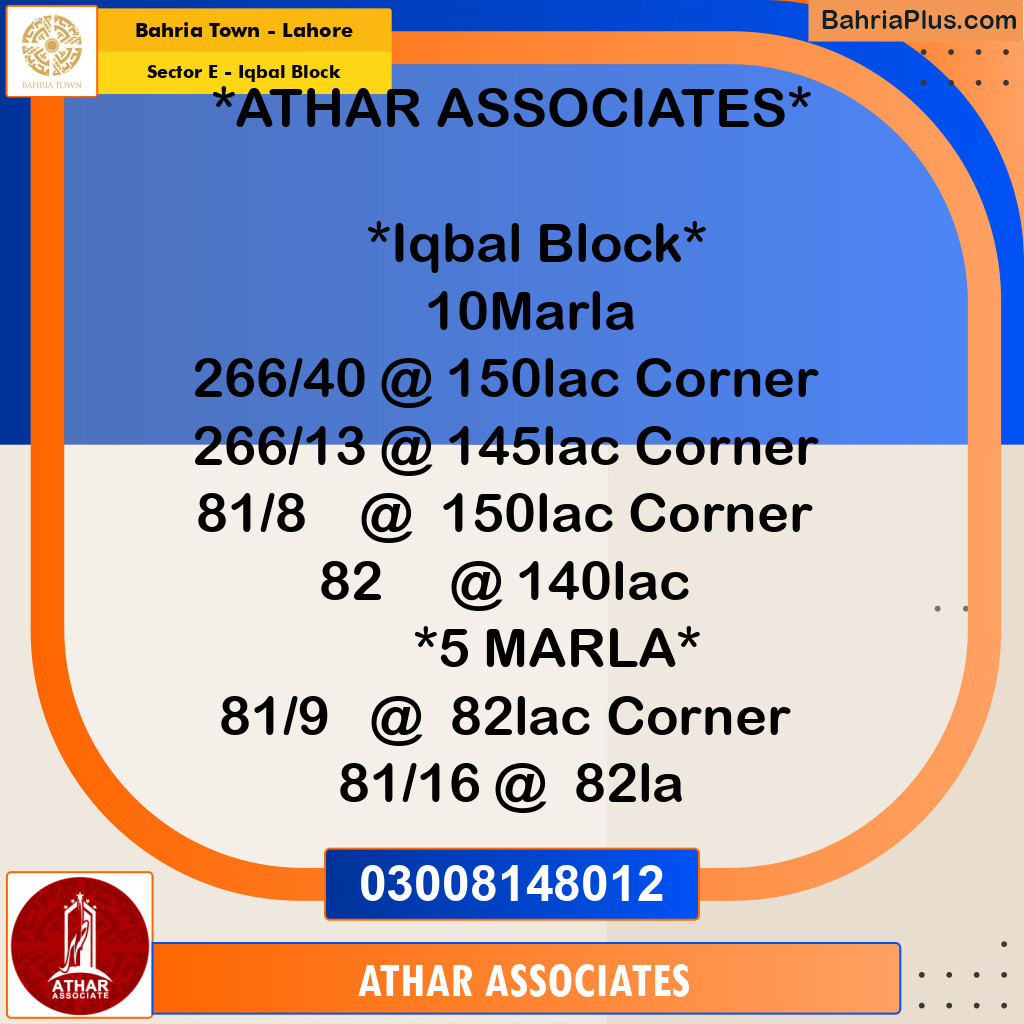 10 Marla Residential Plot for Sale in Sector E - Iqbal Block -  Bahria Town, Lahore - (BP-241536)