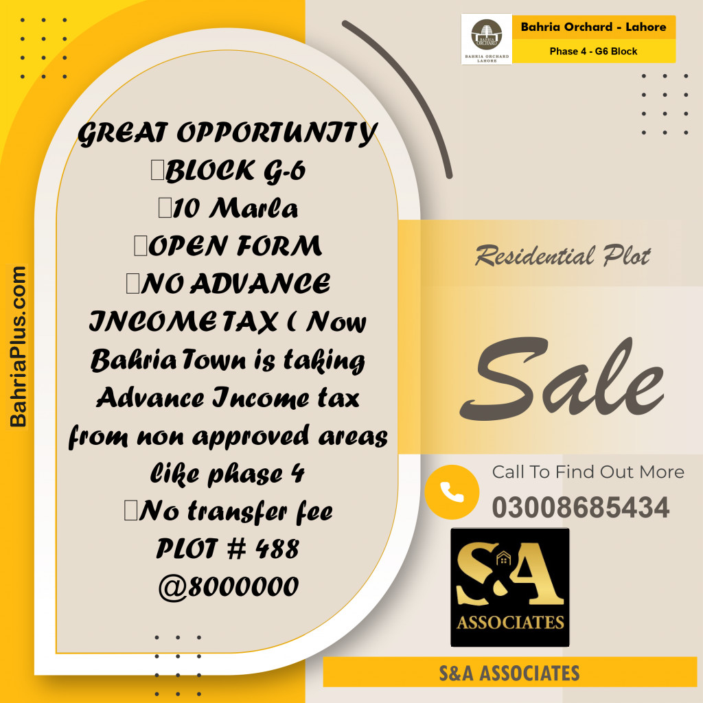 10 Marla Residential Plot for Sale in Phase 4 - G6 Block -  Bahria Orchard, Lahore - (BP-241589)