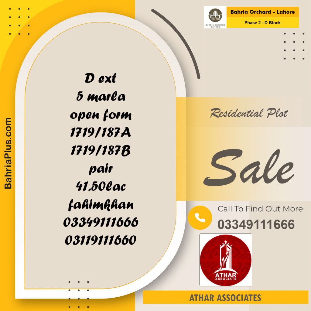 5 Marla Residential Plot for Sale in Phase 2 - D Block -  Bahria Orchard, Lahore - (BP-241596)