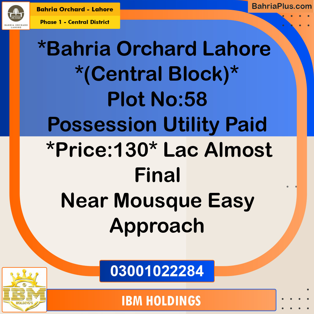 10 Marla Residential Plot for Sale in Phase 1 - Central District -  Bahria Orchard, Lahore - (BP-241824)