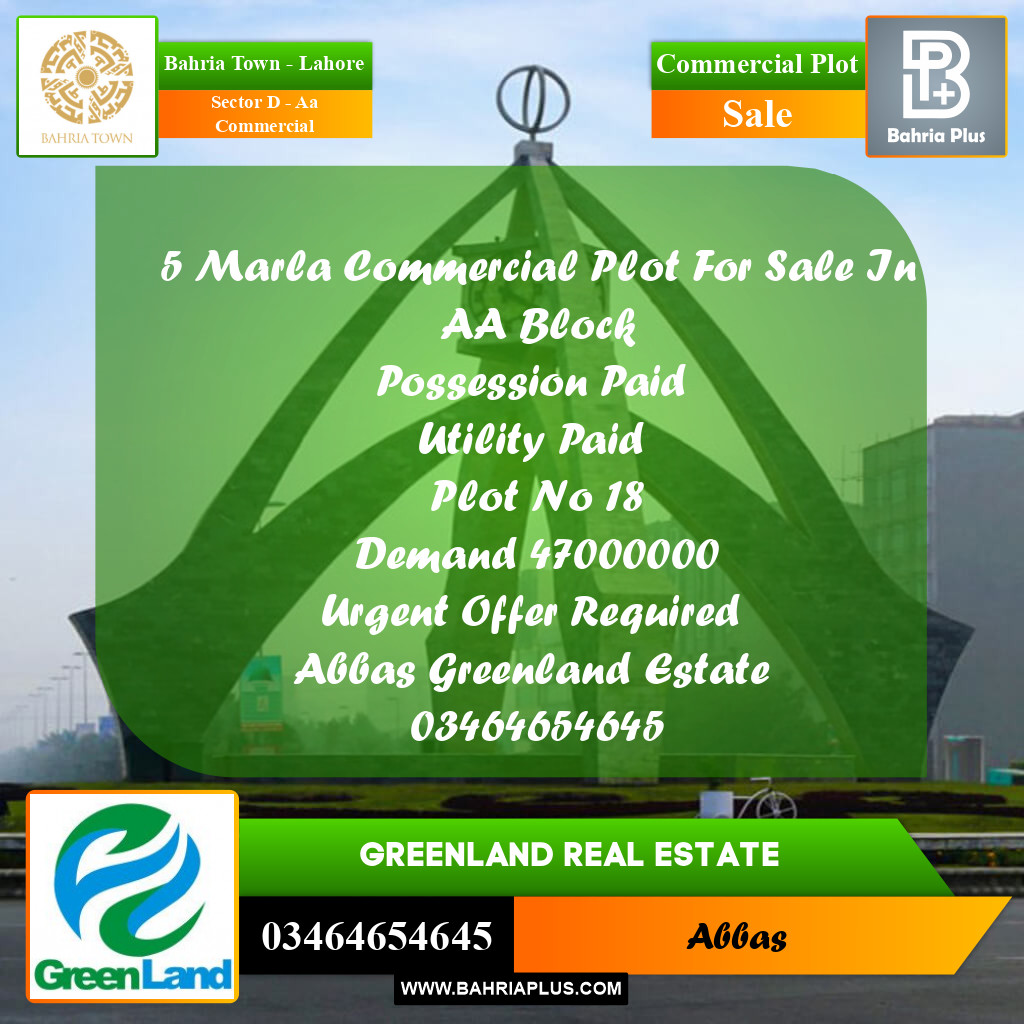 5 Marla Commercial Plot for Sale in Sector D - AA Commercial -  Bahria Town, Lahore - (BP-241825)