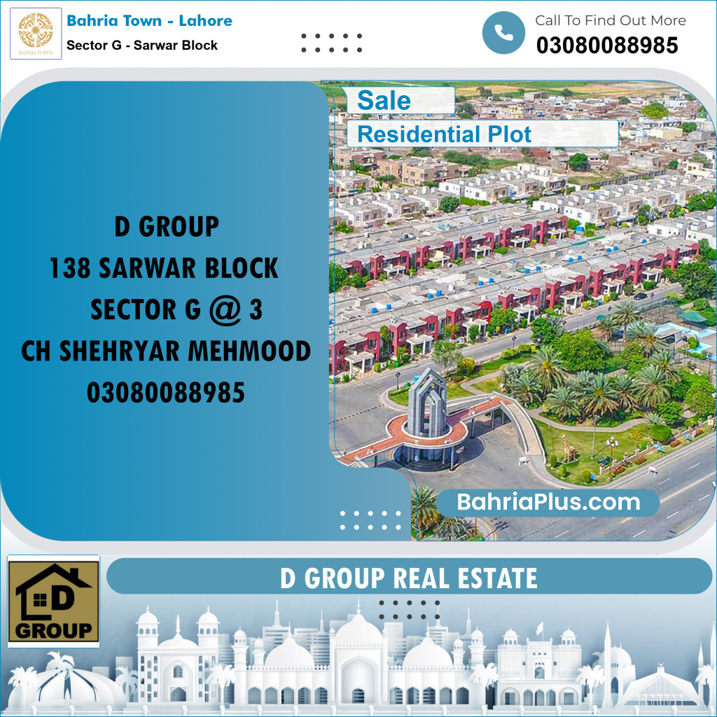 Residential Plot for Sale in Sector G - Sarwar Block -  Bahria Town, Lahore - (BP-241875)