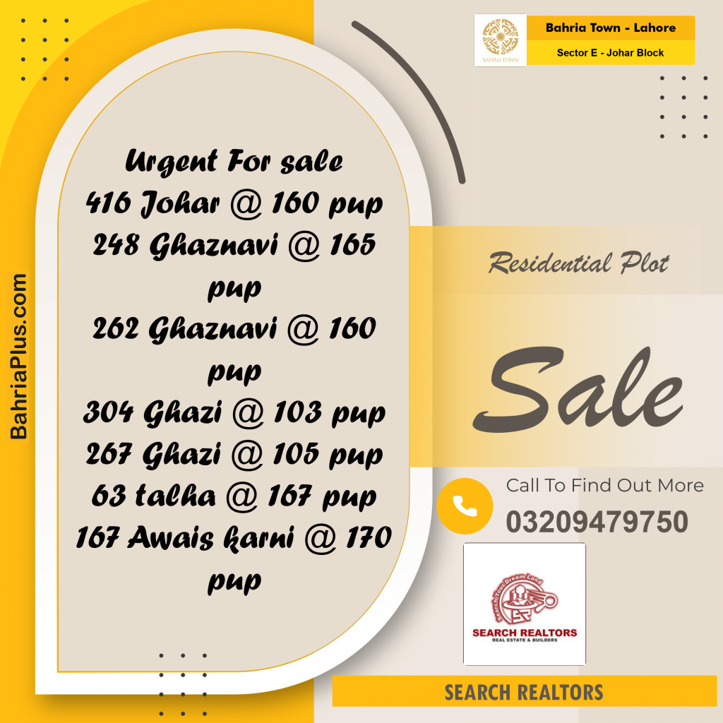 10 Marla Residential Plot for Sale in Sector E - Johar Block -  Bahria Town, Lahore - (BP-241876)