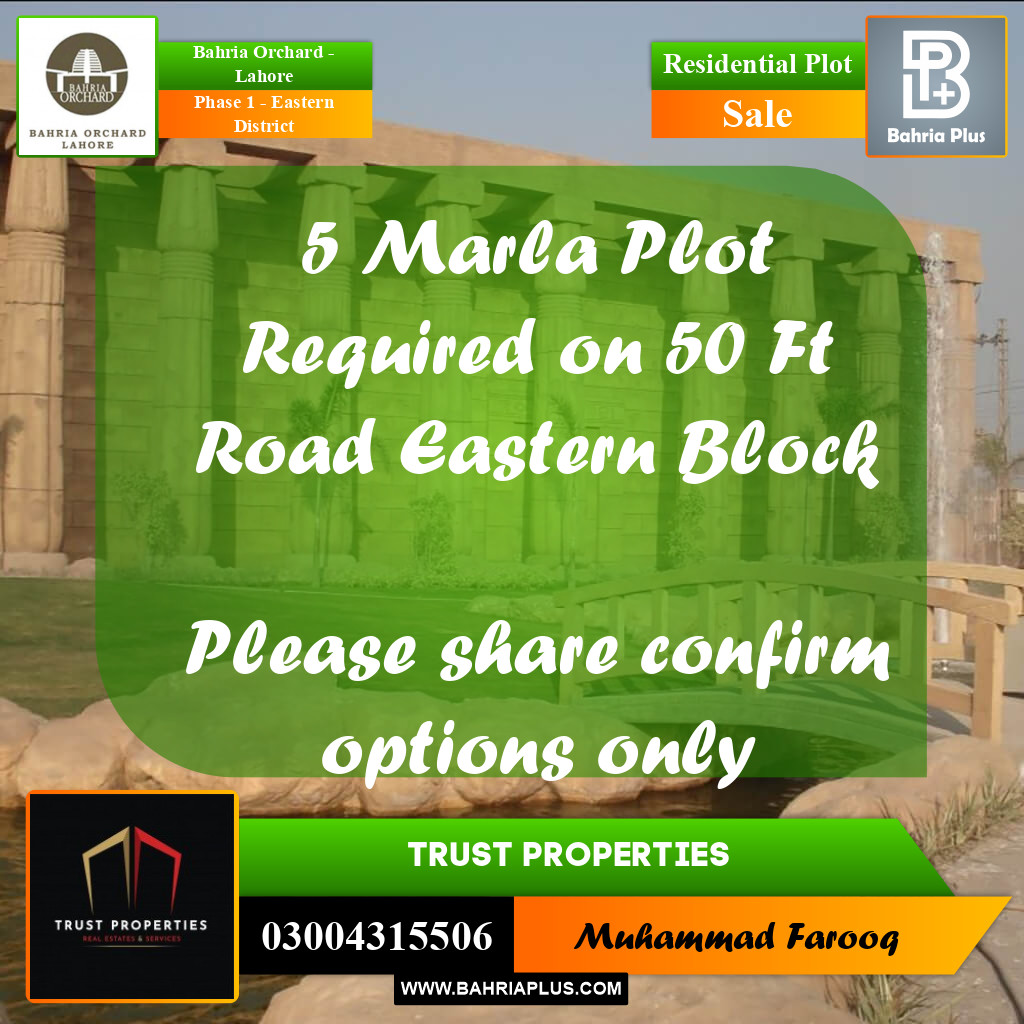 5 Marla Residential Plot for Sale in Phase 1 - Eastern District -  Bahria Orchard, Lahore - (BP-242171)