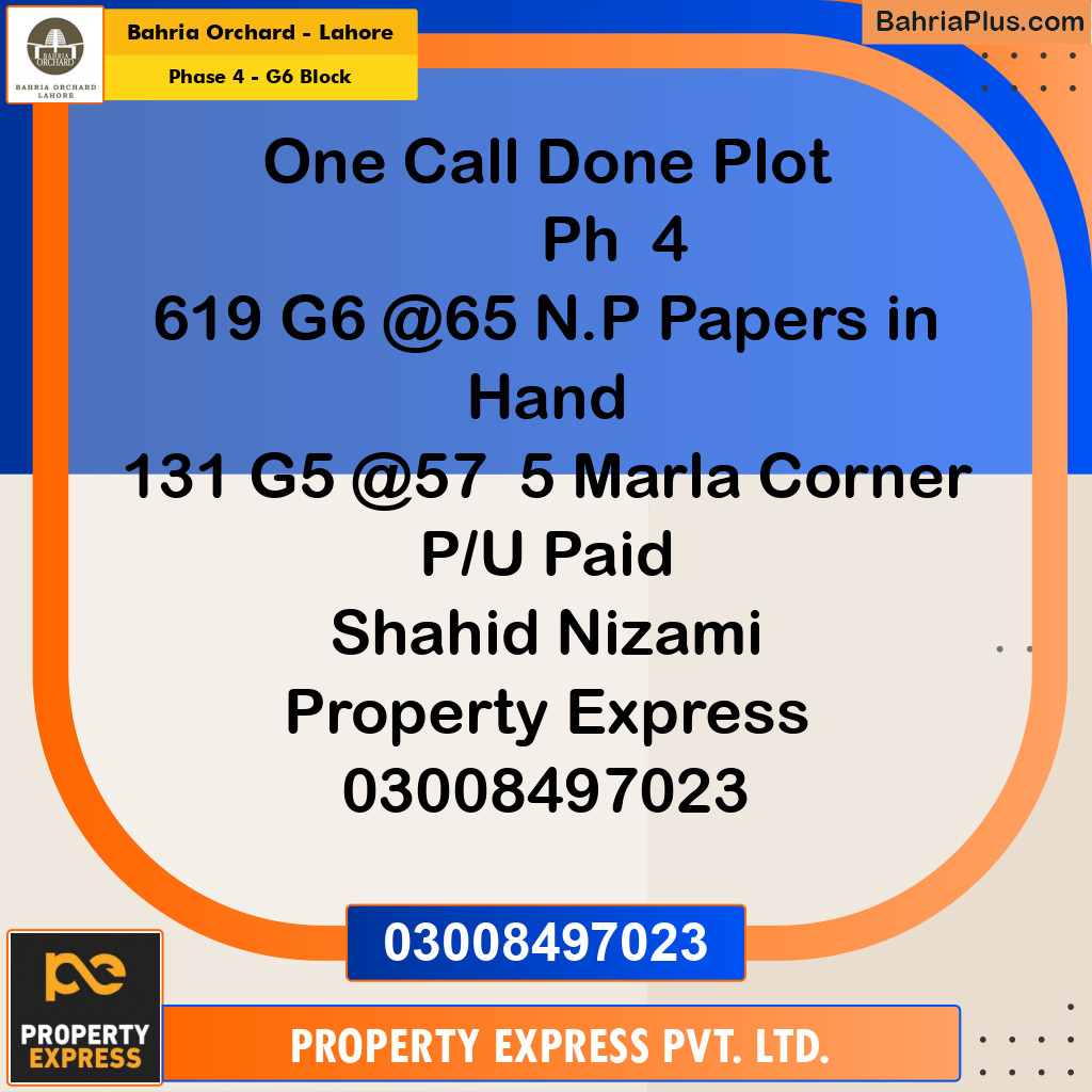 10 Marla Residential Plot for Sale in Phase 4 - G6 Block -  Bahria Orchard, Lahore - (BP-242555)