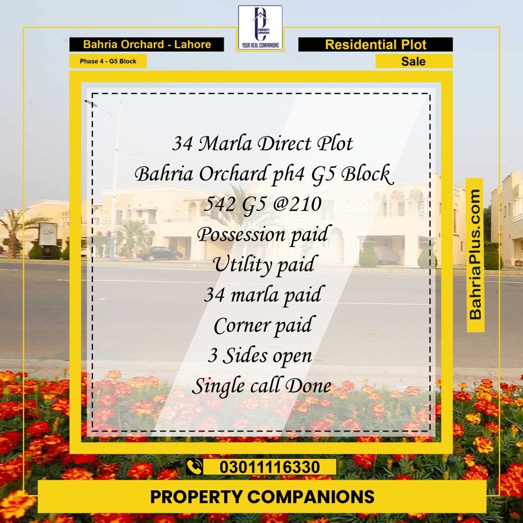 34 Marla Residential Plot for Sale in Phase 4 - G5 Block -  Bahria Orchard, Lahore - (BP-242569)