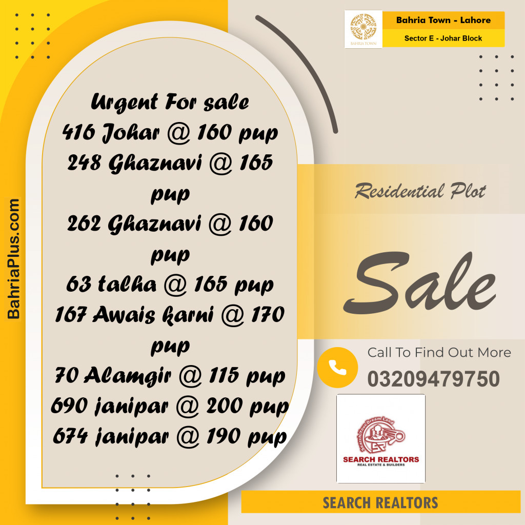 10 Marla Residential Plot for Sale in Sector E - Johar Block -  Bahria Town, Lahore - (BP-242625)