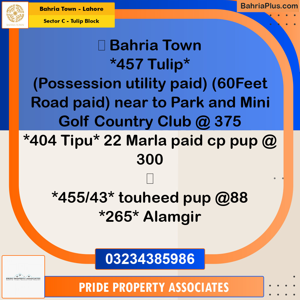1 Kanal Residential Plot for Sale in Sector C - Tulip Block -  Bahria Town, Lahore - (BP-242845)