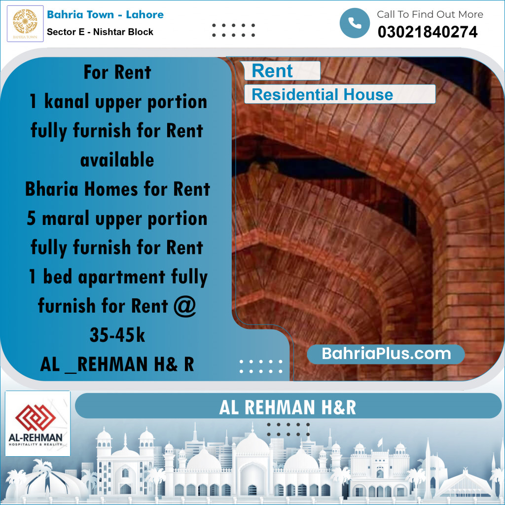 1 Kanal Residential House for Rent in Sector E - Nishtar Block -  Bahria Town, Lahore - (BP-243069)