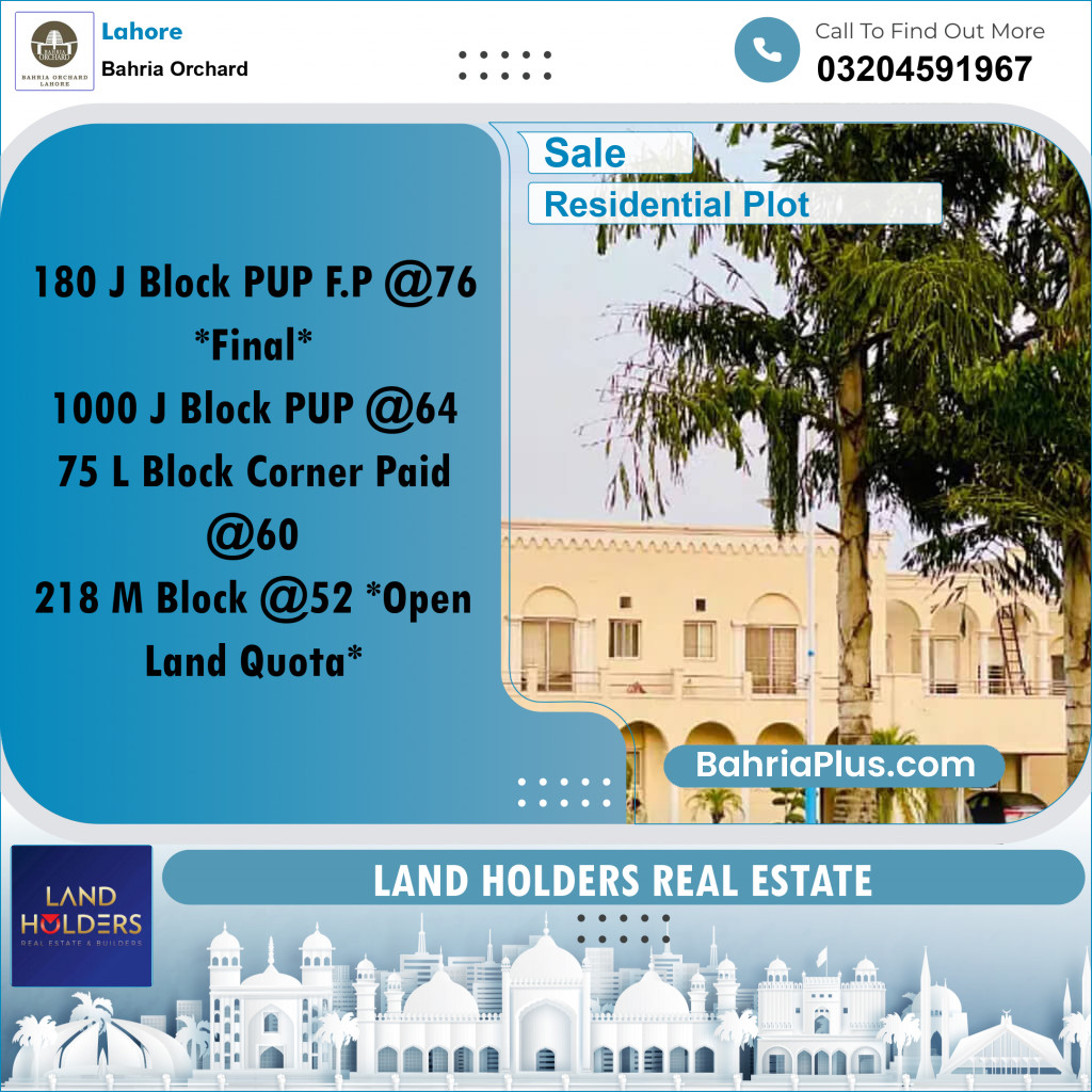 Residential Plot for Sale in Bahria Orchard, Lahore - (BP-243075)