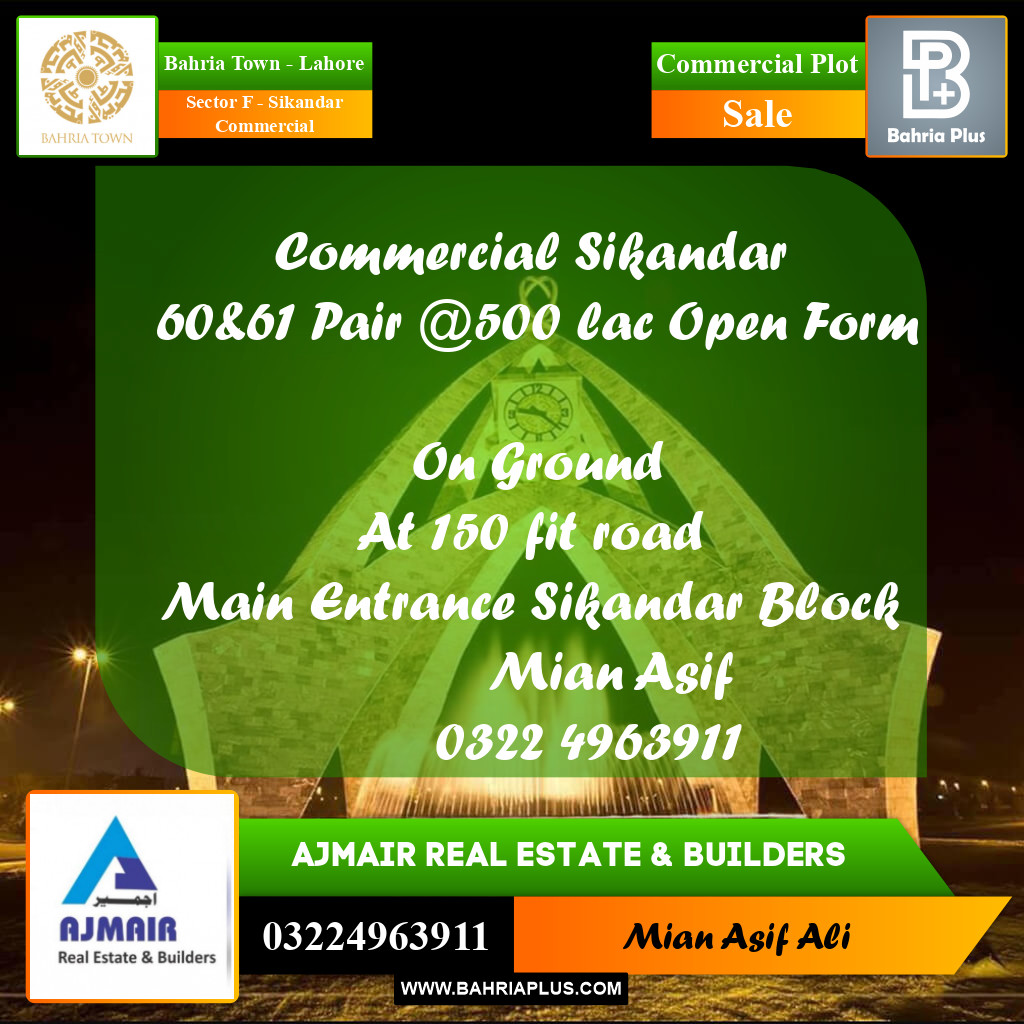 Commercial Plot for Sale in Sector F - Sikandar Commercial -  Bahria Town, Lahore - (BP-243382)