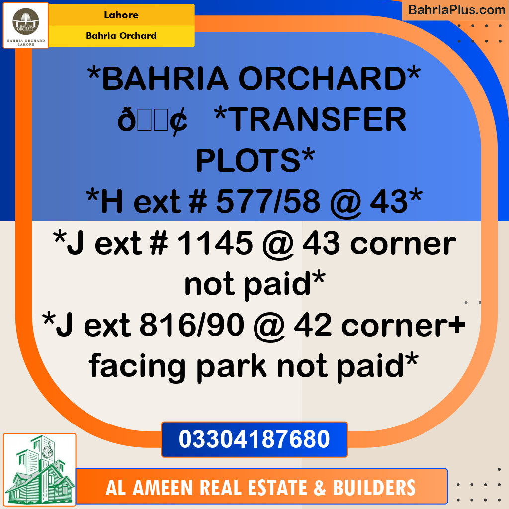 Residential Plot for Sale in Bahria Orchard, Lahore - (BP-243411)