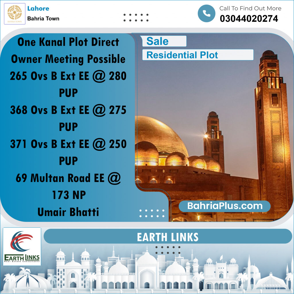 1 Kanal Residential Plot for Sale in Bahria Town, Lahore - (BP-243418)