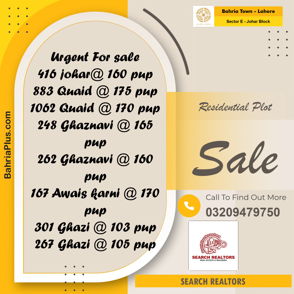 10 Marla Residential Plot for Sale in Sector E - Johar Block -  Bahria Town, Lahore - (BP-243445)