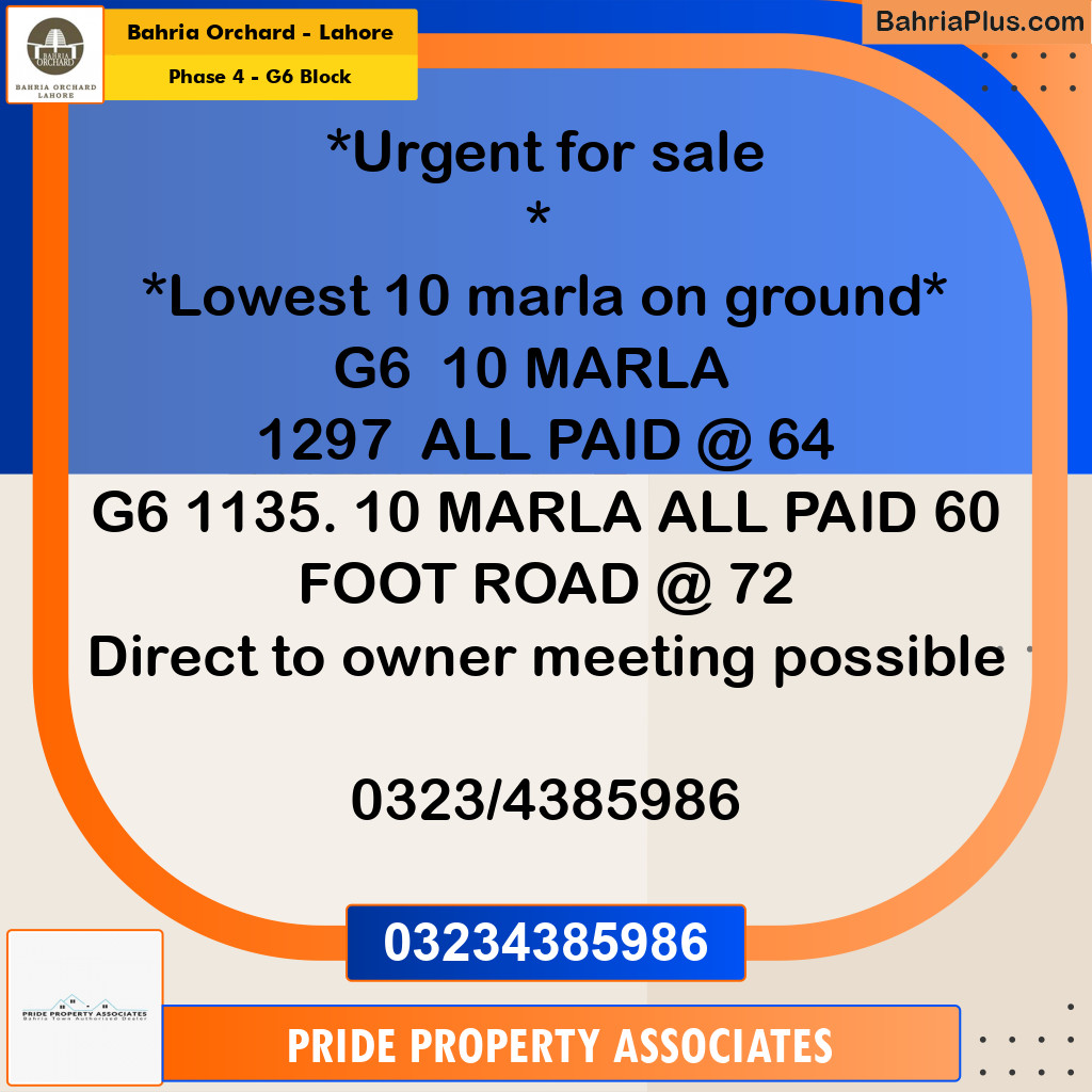 10 Marla Residential Plot for Sale in Phase 4 - G6 Block -  Bahria Orchard, Lahore - (BP-243488)