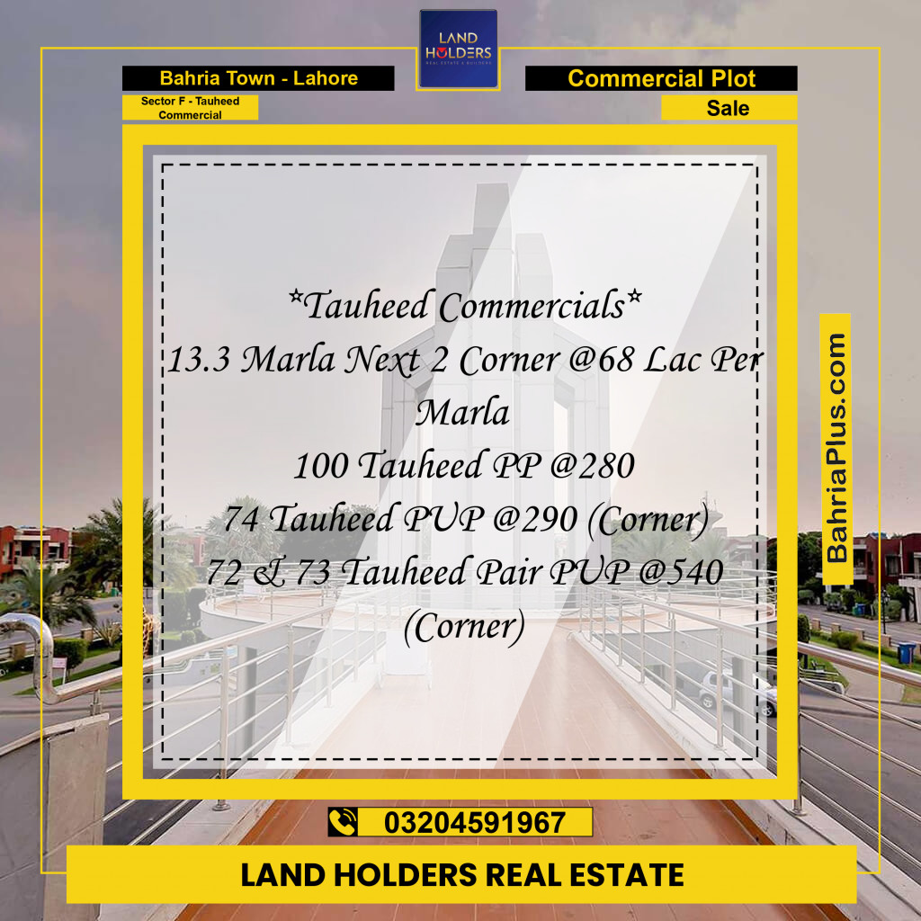 Commercial Plot for Sale in Sector F - Tauheed Commercial -  Bahria Town, Lahore - (BP-243527)
