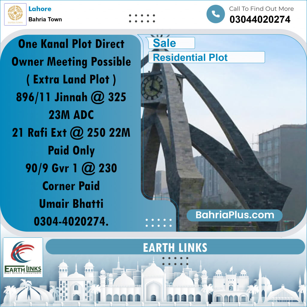 1 Kanal Residential Plot for Sale in Bahria Town, Lahore - (BP-243664)