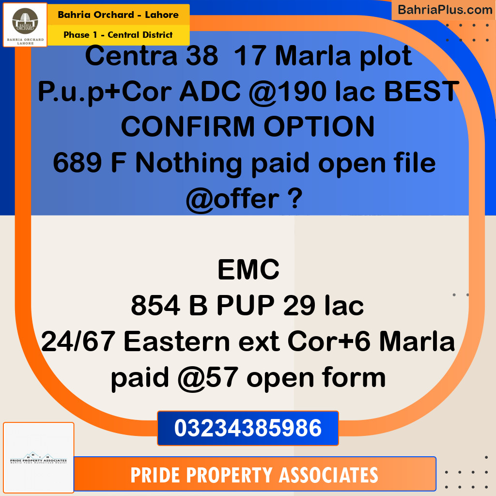 17 Marla Residential Plot for Sale in Phase 1 - Central District -  Bahria Orchard, Lahore - (BP-243699)