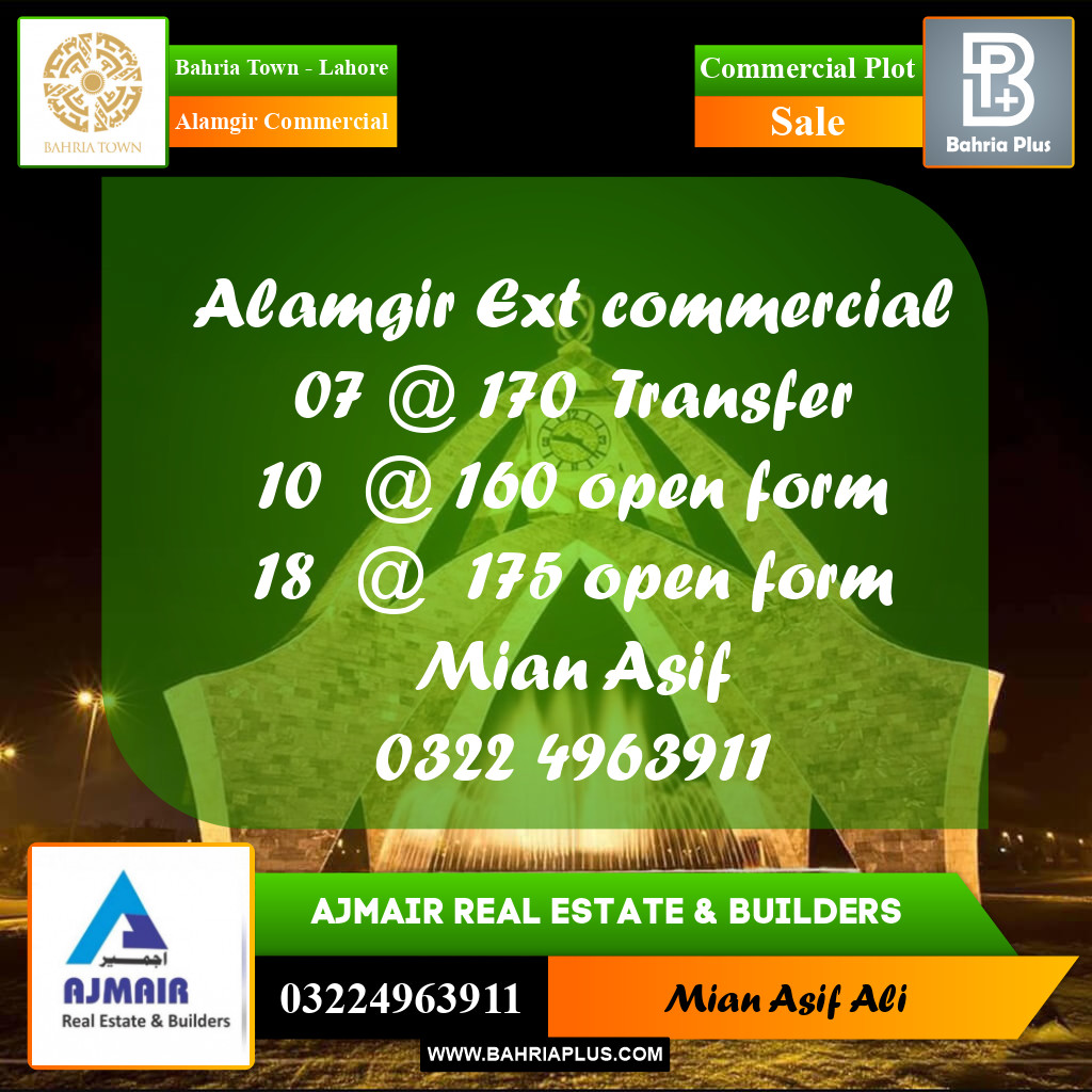 Commercial Plot for Sale in Alamgir Commercial -  Bahria Town, Lahore - (BP-243708)