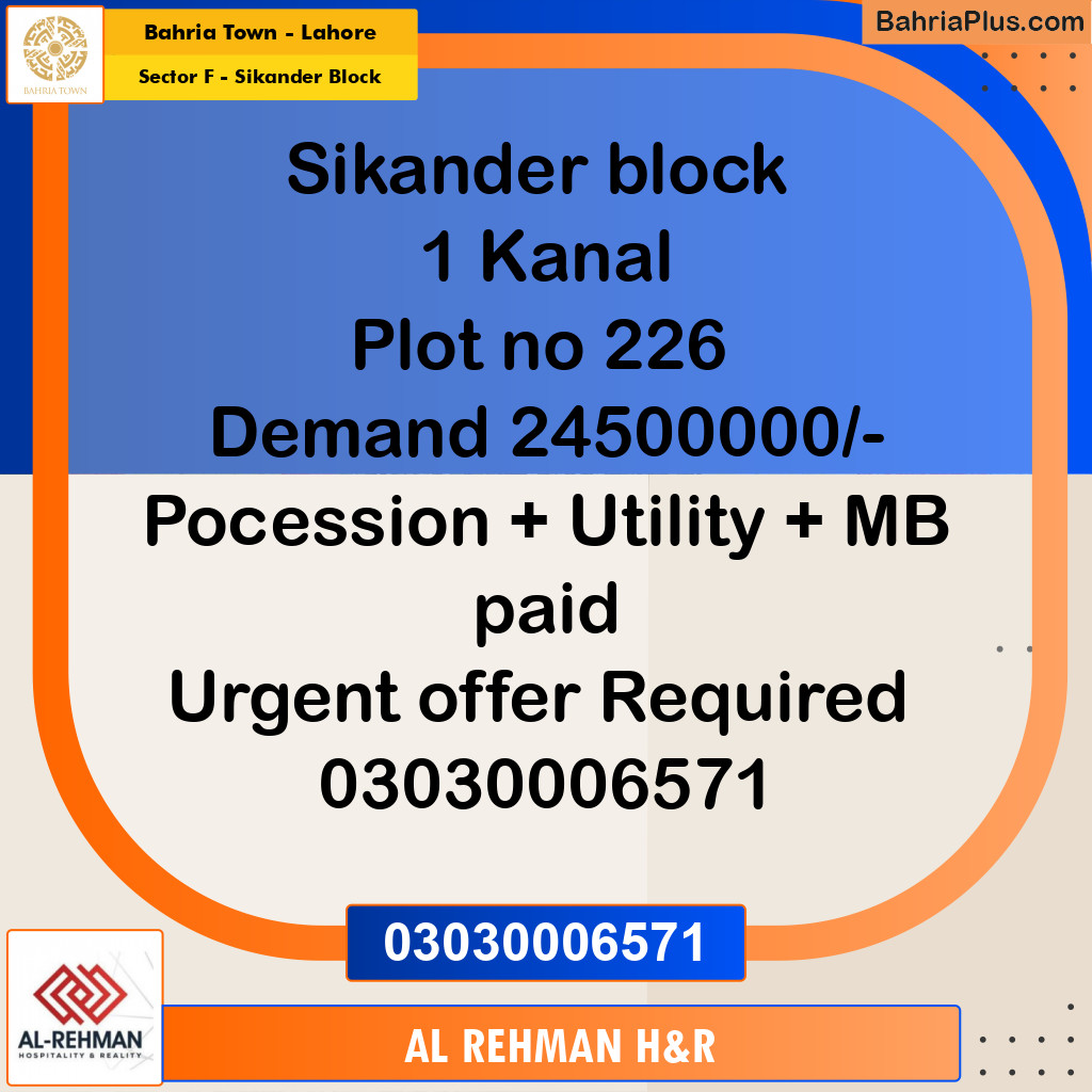 1 Marla Residential Plot for Sale in Sector F - Sikander Block -  Bahria Town, Lahore - (BP-243751)