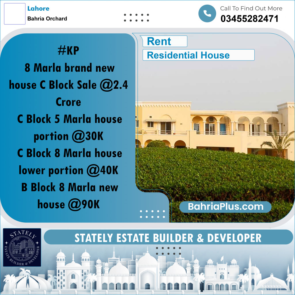 Residential House for Rent in Bahria Orchard, Lahore - (BP-243906)