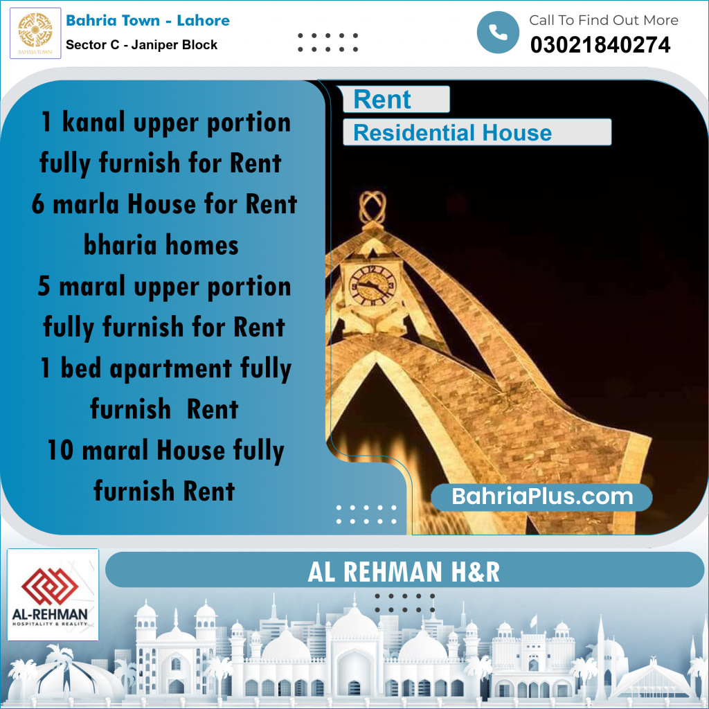 1 Kanal Residential House for Rent in Sector C - Janiper Block -  Bahria Town, Lahore - (BP-243930)